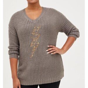Torrid Sweater Womens 3X Gray Chunky Pullover Tunic Beaded Bolt Graphic Boho